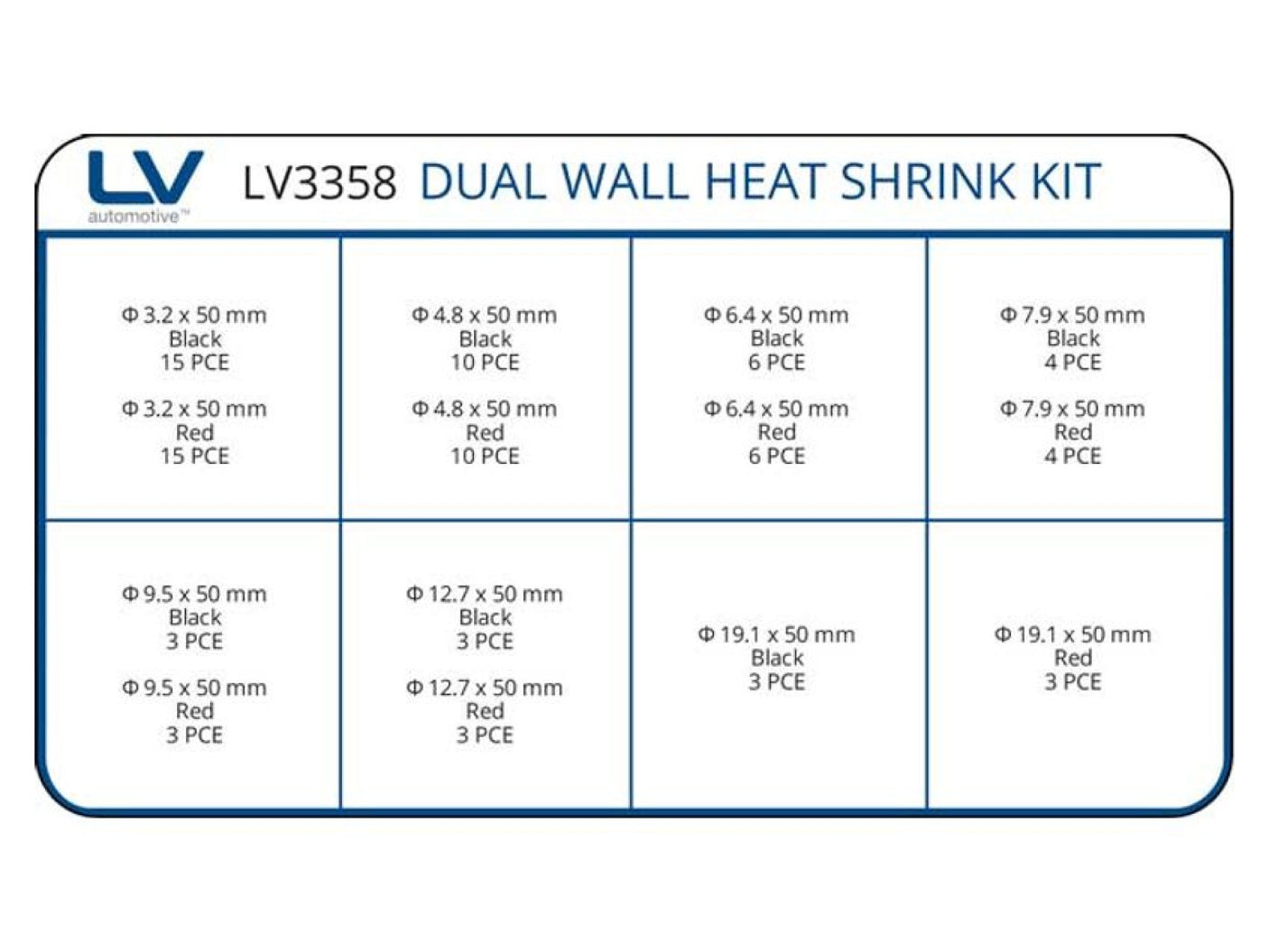 Dual Wall Heatshrink Kit 88Pcs Assortment Dia: 3.2 - 19.1mm Length: 50mm