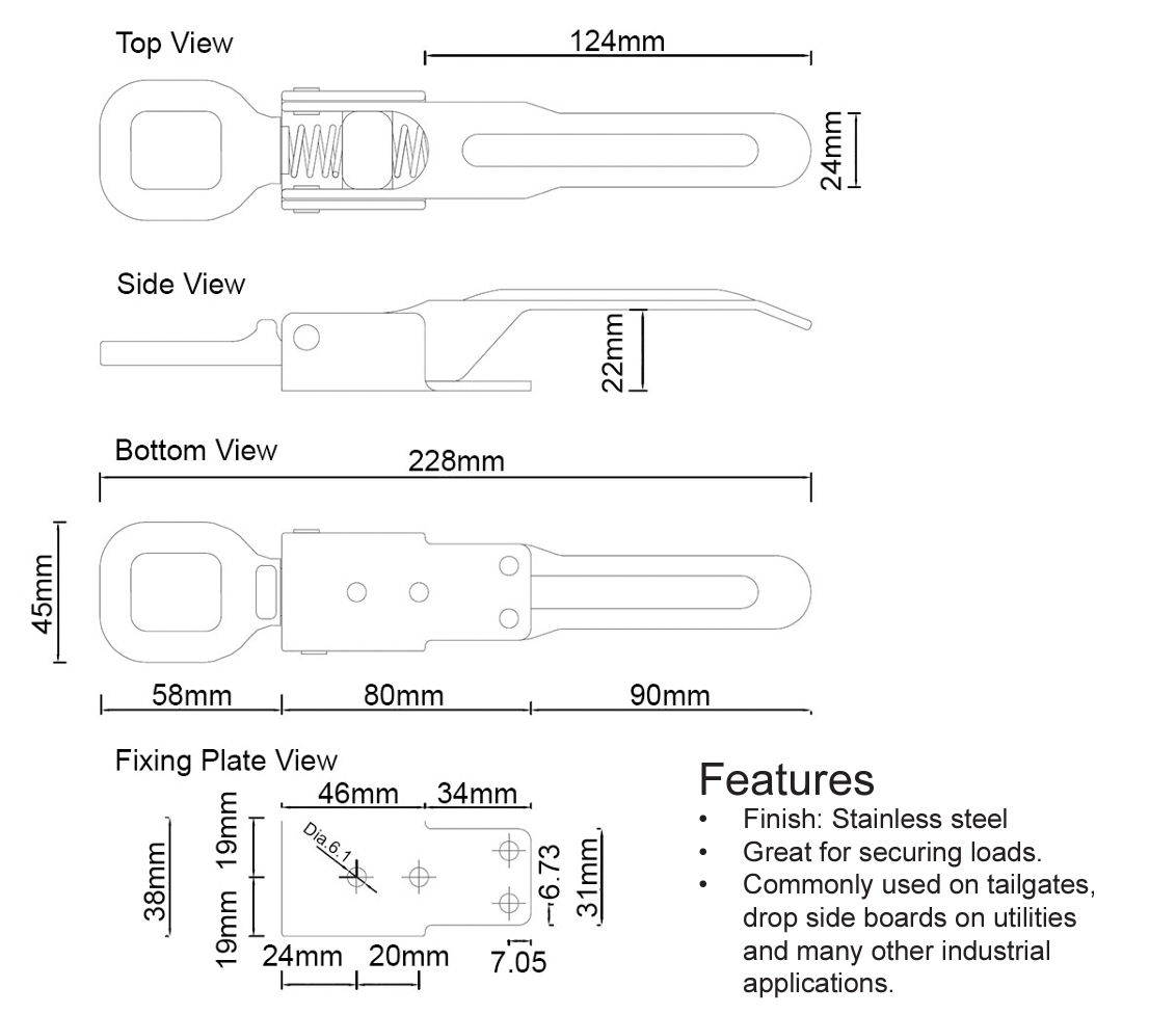 Over Centre Latch (Heavy Duty) Stainless Steel - With Catch